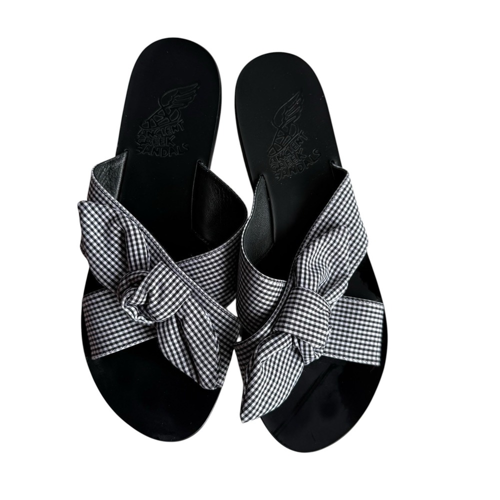 Ancient Greek Sandals EU 40 Black White Thais Gingham Bow Flat Sandals Checkered